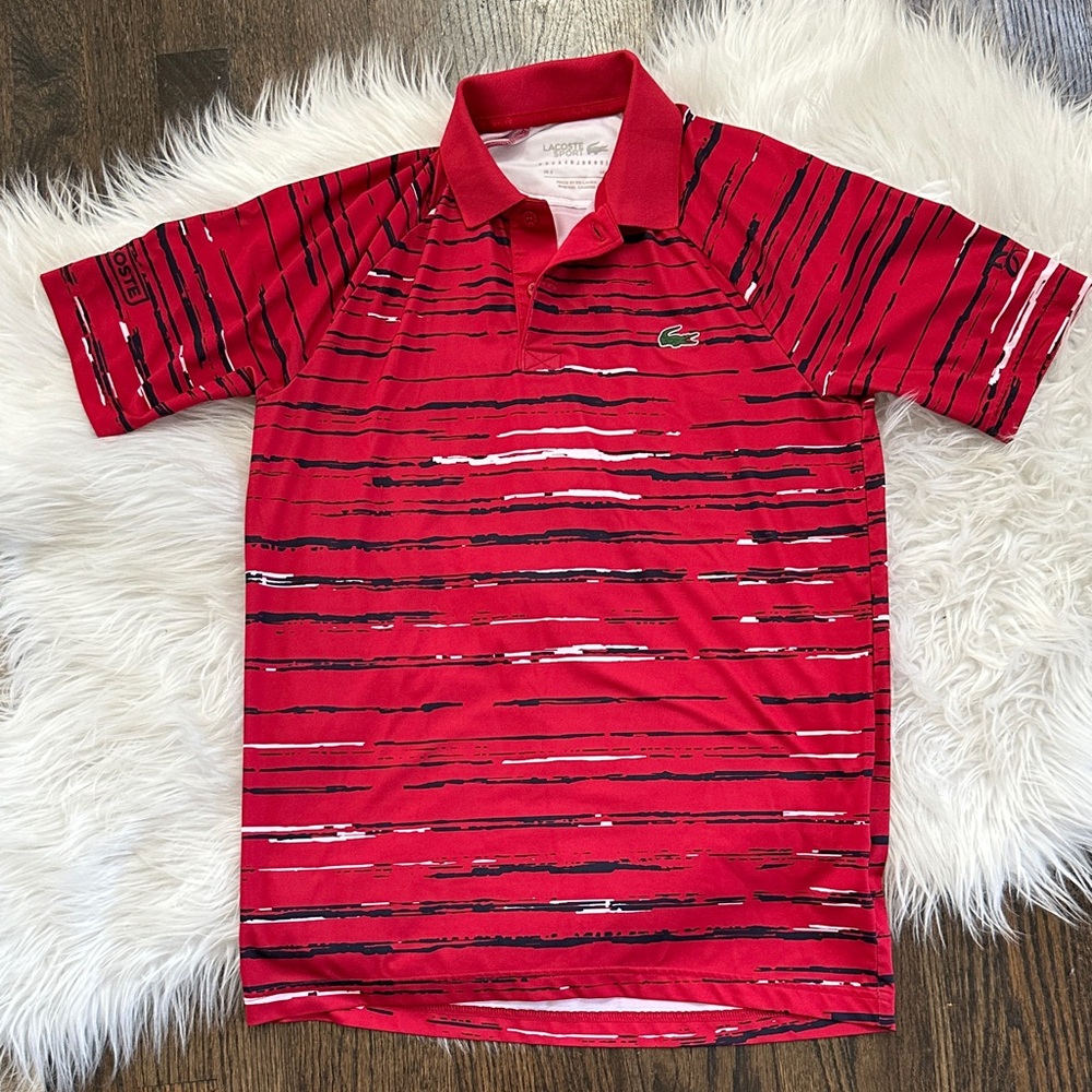 Novak Djokovic Lacoste Polo in Red with Black Stripes - men’s small